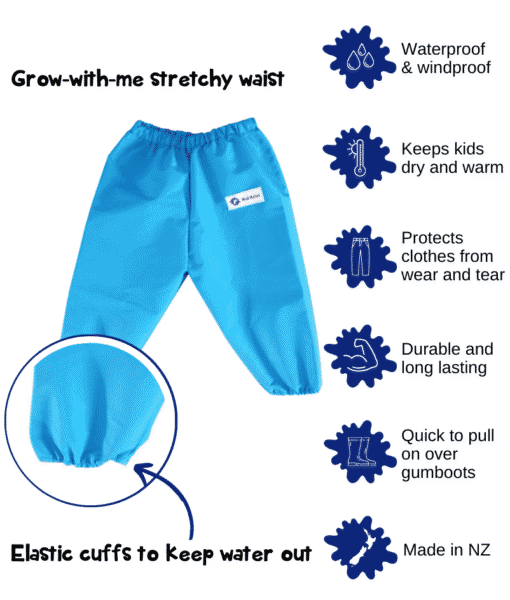 Features of Mud Mates NZ-made Kids Waterproof Overpants
