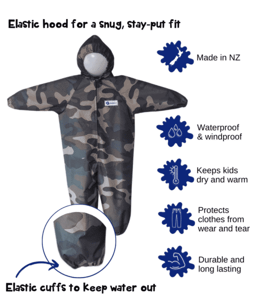 Features of Mud Mates NZ-Made Waterproof Childrens Coveralls