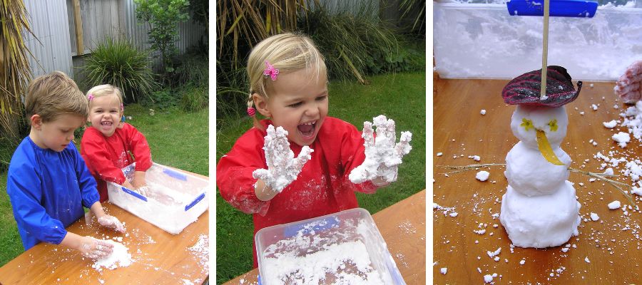 Kids having fun playing with erupting snow sensory material