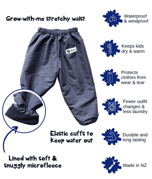 Mud Mates children's fleece lined pants displayed with highlighted features: waterproof lightweight outer fabric, cosy microfleece lining, elasticated cuffs and waist