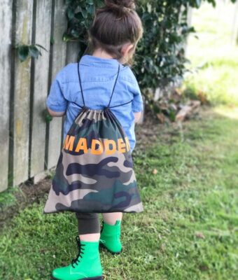 Green Camo Drawstring Waterproof Wet Bag with Orange Madden