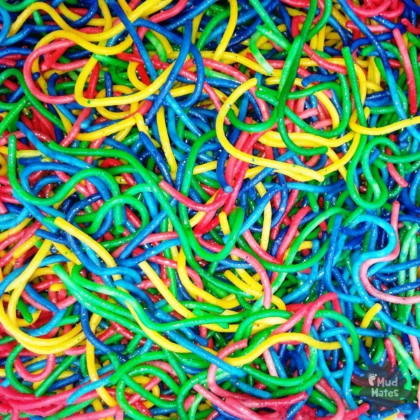 Dyed Rainbow Spaghetti Noodles for Messy and Sensory Play