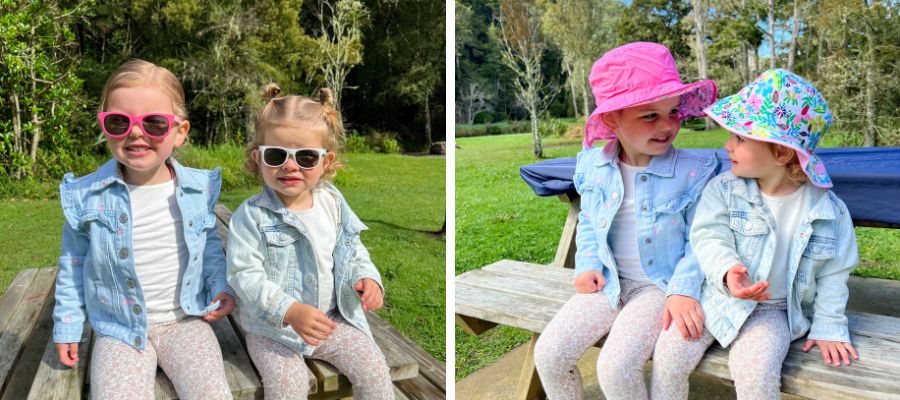 2 girls wearing Mud Beachcomber kids sunglasses and Mud Mates Reversible Kids Sun Hats