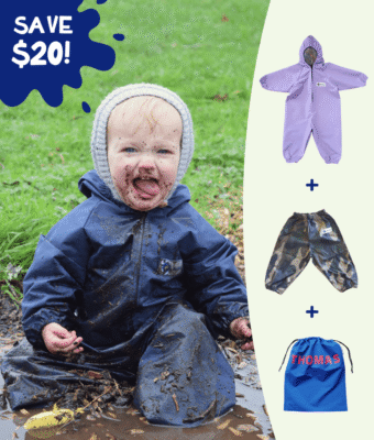 Save money and washing with a Mud Mates Muddy Kids Value Pack - included NZ-made waterproof Coveralls, Overpants and Wet Bag