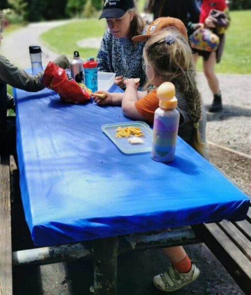 A family enjoying a picnic at a picnic table covered with a Mud Mates NZ-made fitted, picnic table cover. Say goodbye to dirty, bird-poop covered tables!