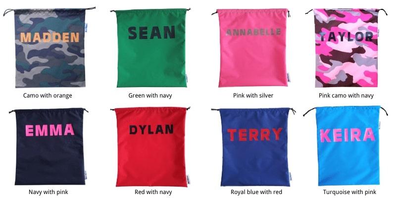 Colour options of our NZ-made waterproof swim bags which are included in the Mud Mates Kids Swim Pack