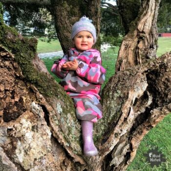 Young girl experiencing risky play, sitting high in a tree