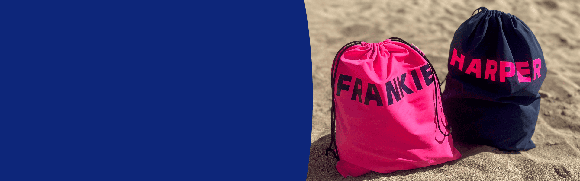 2 Mud Mates NZ-made personalised Swim Bags on the beach