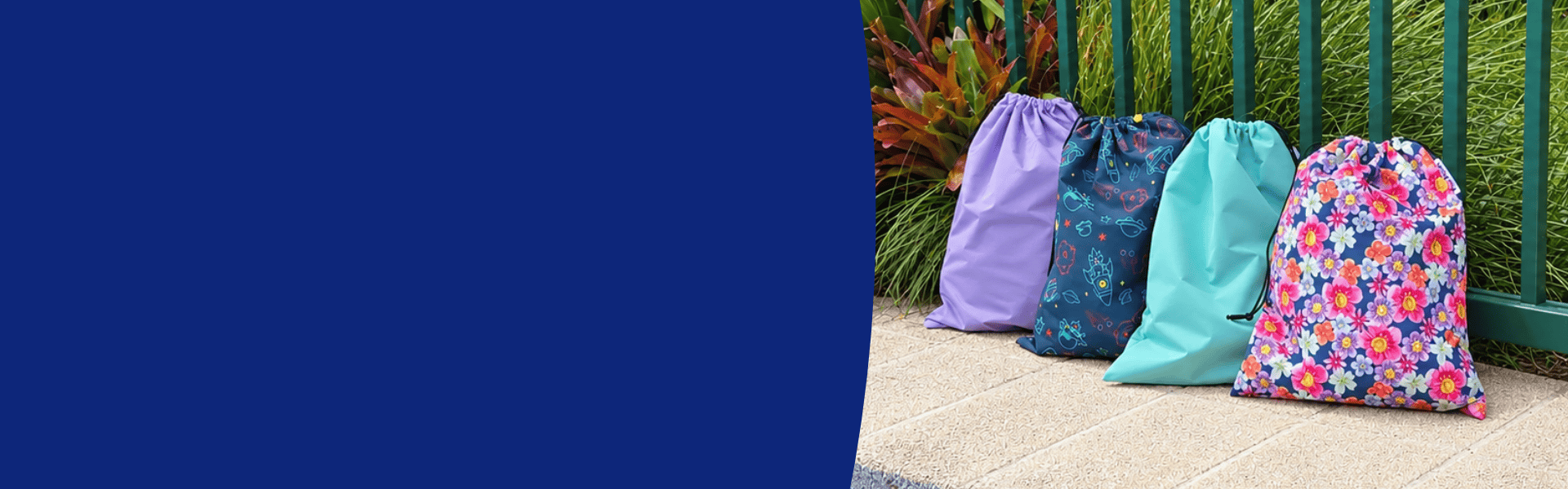 Four personalised swim bags in lilac, space, spearmint and floral fabrics by the pool