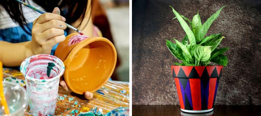 Young child decorating a plant pot and a painted plant pot - Father's Day Crafts