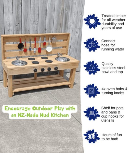 Features of Mud Mates NZ-made wooden Mud Kitchens