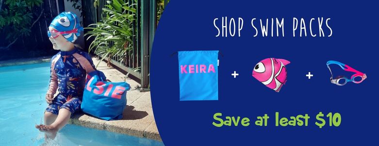 Kids Swim Pack - a NZ-made swim bag, kids goggles + kids swim cap