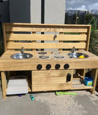 NZ-made large wooden Mud Kitchen with an oven from Mud Mates