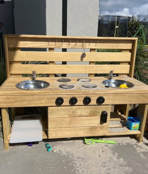 NZ-made large wooden Mud Kitchen with an oven from Mud Mates