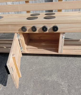 Extra large mud kitchen oven door open