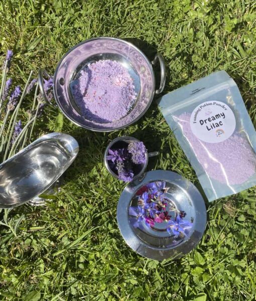 Foaming Magic Potions - Dreamy Lilac. Set up ready for play with potion powder in bowls and water in a jug ready to pour