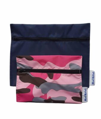 NZ-Made waterproof navy mini Zippered wet bag and small pink camo Zippered Wet Bags