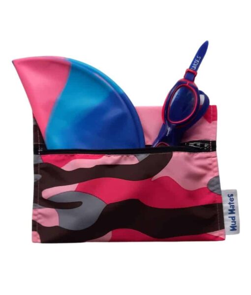 NZ-Made Waterproof Mini Zippered Wet Bag - Pink Camo - safeguarding swimming goggles and swim cap