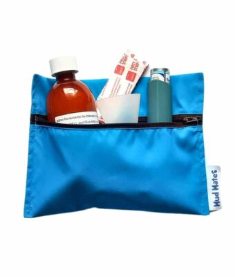 Turquoise NZ-made mini zippered wet bags being used as a small first aid kit with pamol, plasters and asthma pump