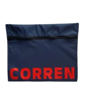NZ-made small personalised navy zippered wet bag with red 'Corren'
