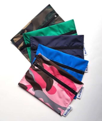NZ-made mini and small waterproof zippered wet bags available in 5 vibrant colours/patterns: green camo, green, navy, turquoise and pink camo