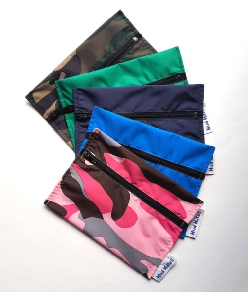 NZ-made mini and small waterproof zippered wet bags available in 5 vibrant colours/patterns: green camo, green, navy, turquoise and pink camo