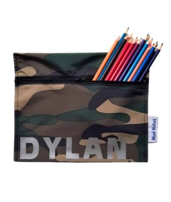 NZ-made personalised green camo zippered wet bags storing coloured pencils