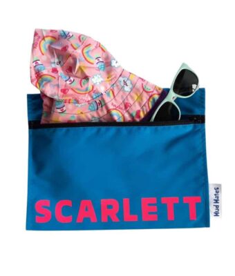 NZ-made turquoise small zippered wet bag personalised with the name Scarlett. Wet Bag contains a reversible kids sun hat and kids sunglasses.