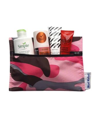 NZ-Made Waterproof Mini Zippered Wet Bag - Pink Camo being used as a toiletries bag