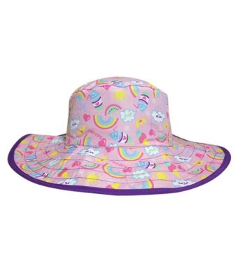 Reversible kids sun hats - Rainbow pattern with solid purple on the reverse. UPF 50+ fabric for sun protection