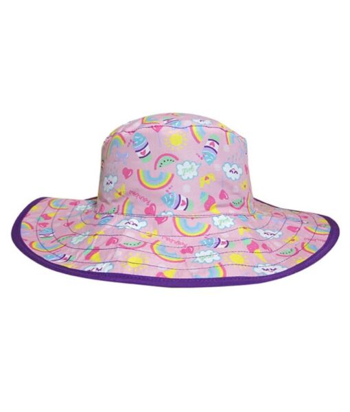 Reversible kids sun hats - Rainbow pattern with solid purple on the reverse. UPF 50+ fabric for sun protection