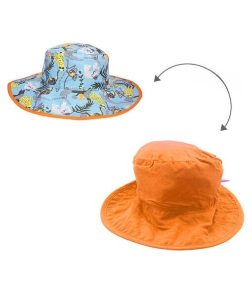 Reversible kids sun hats - Jungle design with solid orange on the reverse. UPF 50+ fabric for sun protection