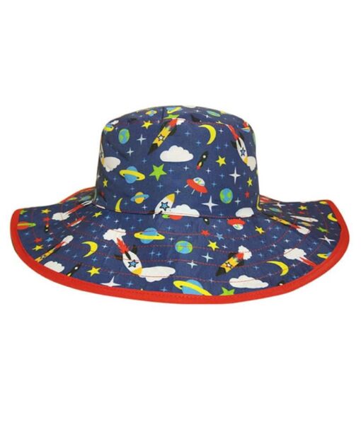 Reversible kids sun hats - Space pattern with solid red on the reverse. UPF 50+ fabric for sun protection