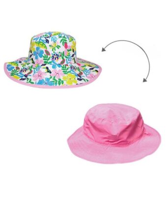 Reversible kids sun hats - Botanical design with solid pink on the reverse. UPF 50+ fabric for sun protection
