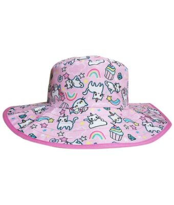 Reversible kids sun hats - Cats and Unicorn pattern with solid pink on the reverse. UPF 50+ fabric for sun protection