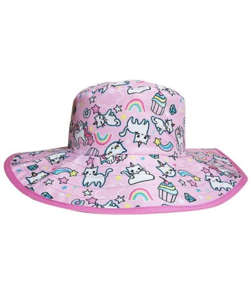 Reversible kids sun hats - Cats and Unicorn pattern with solid pink on the reverse. UPF 50+ fabric for sun protection