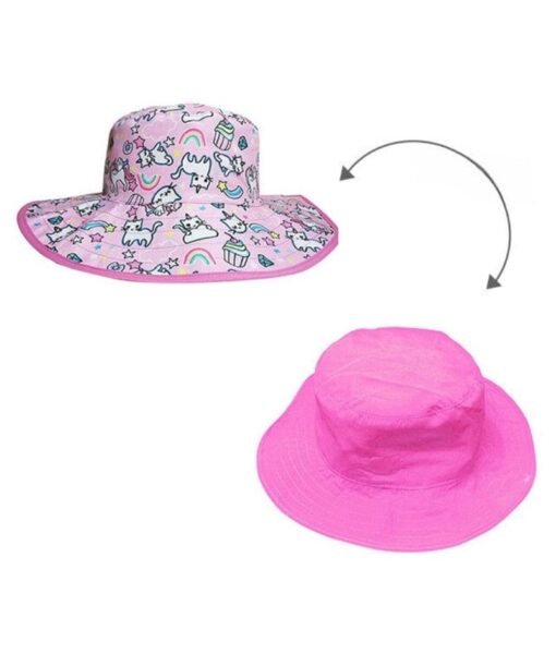 Reversible kids sun hats - Cats and Unicorn pattern with solid pink on the reverse. UPF 50+ fabric for sun protection