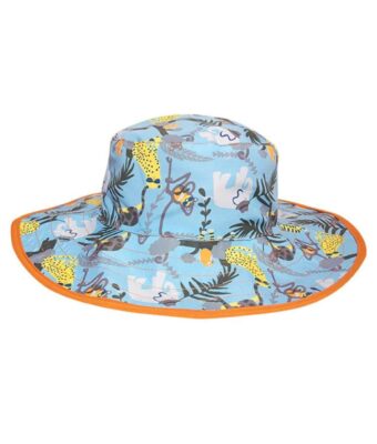 Reversible kids sun hats - Jungle design with solid orange on the reverse. UPF 50+ fabric for sun protection