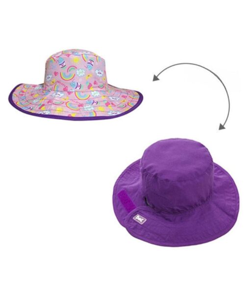 Reversible kids sun hats - Rainbow pattern with solid purple on the reverse. UPF 50+ fabric for sun protection