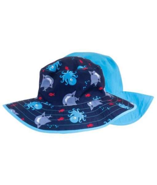 Reversible kids sun hats - Sharks and Octopus pattern with solid teal underside. UPF 50+ sun protection