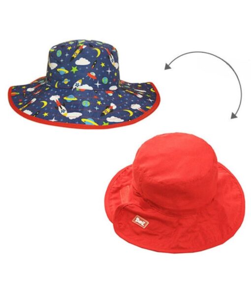 Reversible kids sun hats - Space pattern with solid red on the reverse. UPF 50+ fabric for sun protection