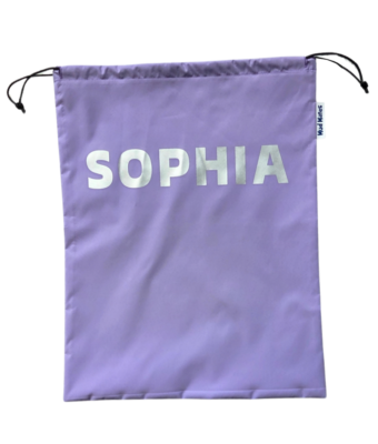 Lilac swim bag personalised with silver Sophia