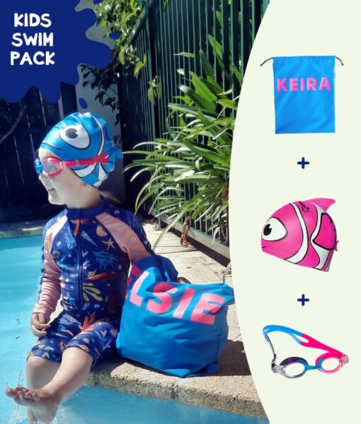 Save Money with a Kids Swim Pack: Toddler girl sitting by swimming pool with her personalised NZ-made swim bag, kids goggles and swim cap