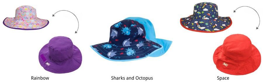Reversible Baby and Kids Sun Hats Range: Rainbow, Sharks and Octopus and Space designs