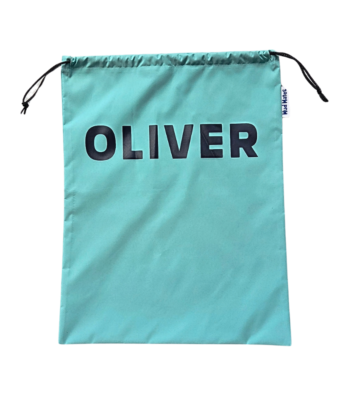 Spearmint waterproof swim bag personalised with navy Oliver