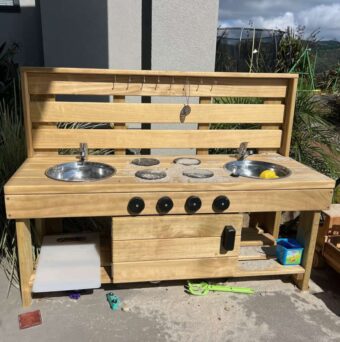 NZ-made large wooden Mud Kitchen with an oven from Mud Mates