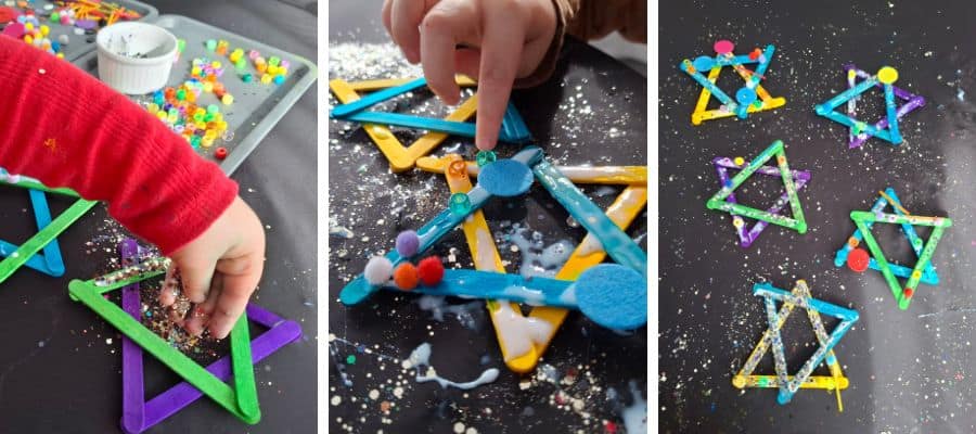 How to Make Matariki Ice Block Stick Stars: Toddler decorating the sticks/stars with glitter.
