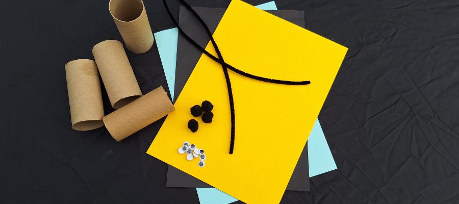 What you need for our toilet paper roll bee craft activity