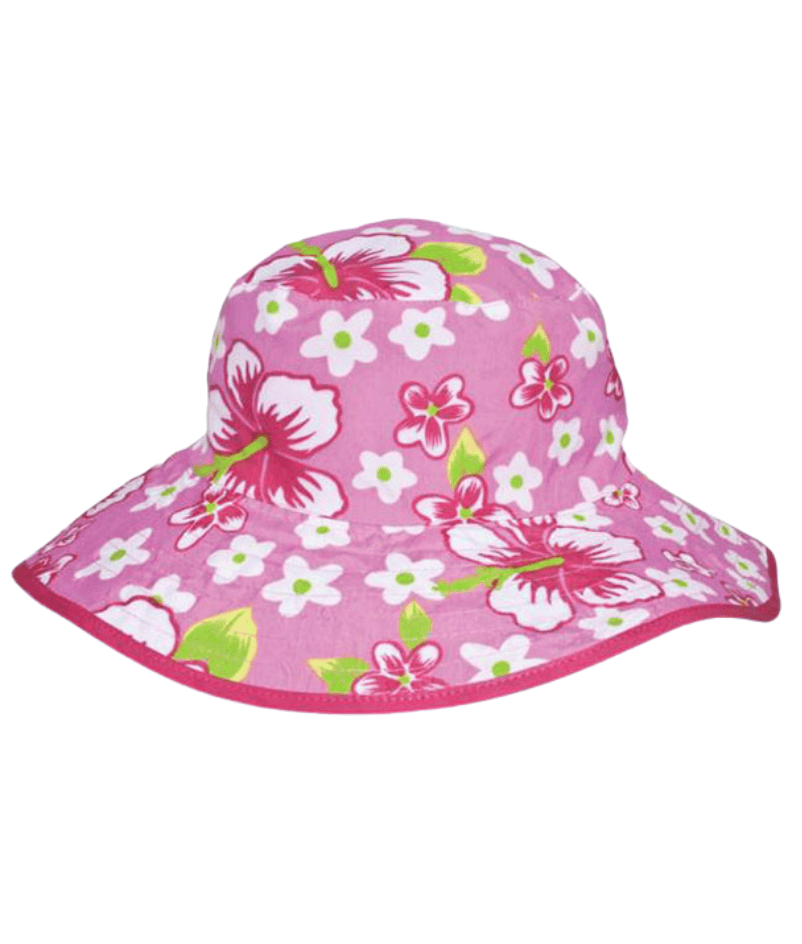 Reversible kids sun hats - Hibiscus pattern with solid pink underside. UPF 50+ sun protection