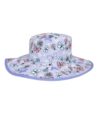 Reversible kids sun hats - Butterfly pattern with solid lilac underside. UPF 50+ sun protection
